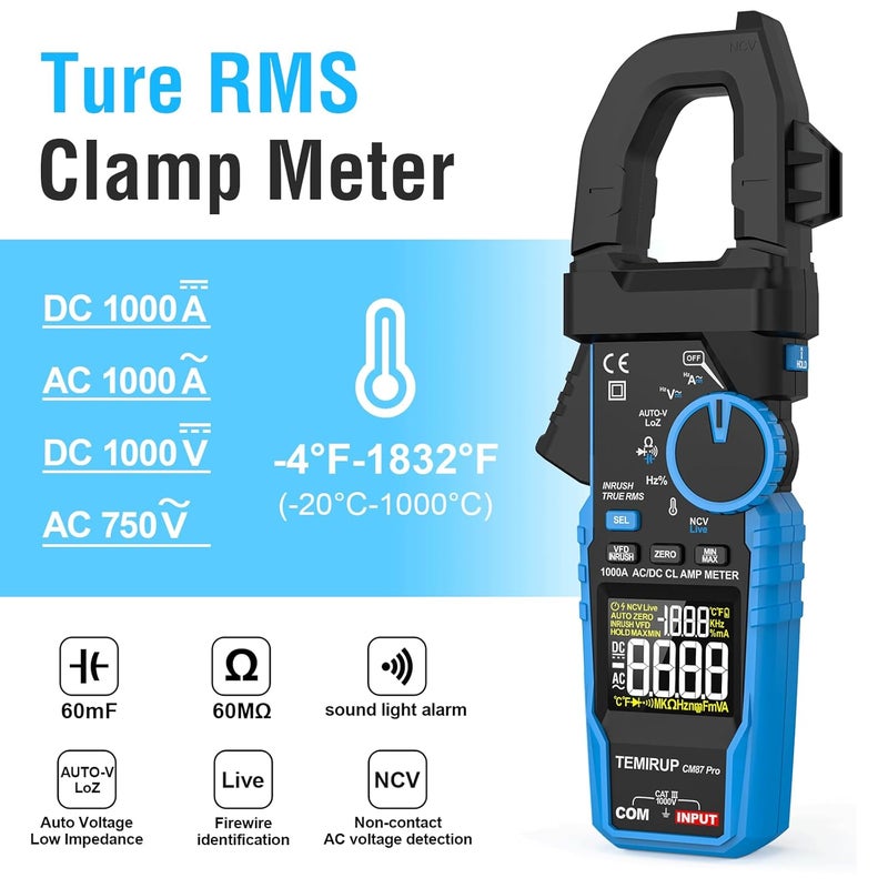 Temirup Inrush Digital Clamp Meter Multimeter - T-RMS 6000 Counts 1000A Amp Voltage Tester with VFD, LOZ, Measures NCV, AC/DC Voltage Current, Continuity Capacitance Frequency Resistance, Temperature - Image 2